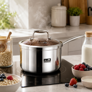 Mirror Polished 3-Layer Stainless Steel Saucepan 304 Tri Ply Milk Pot Matte Interior with Glass Lid for Induction Stove